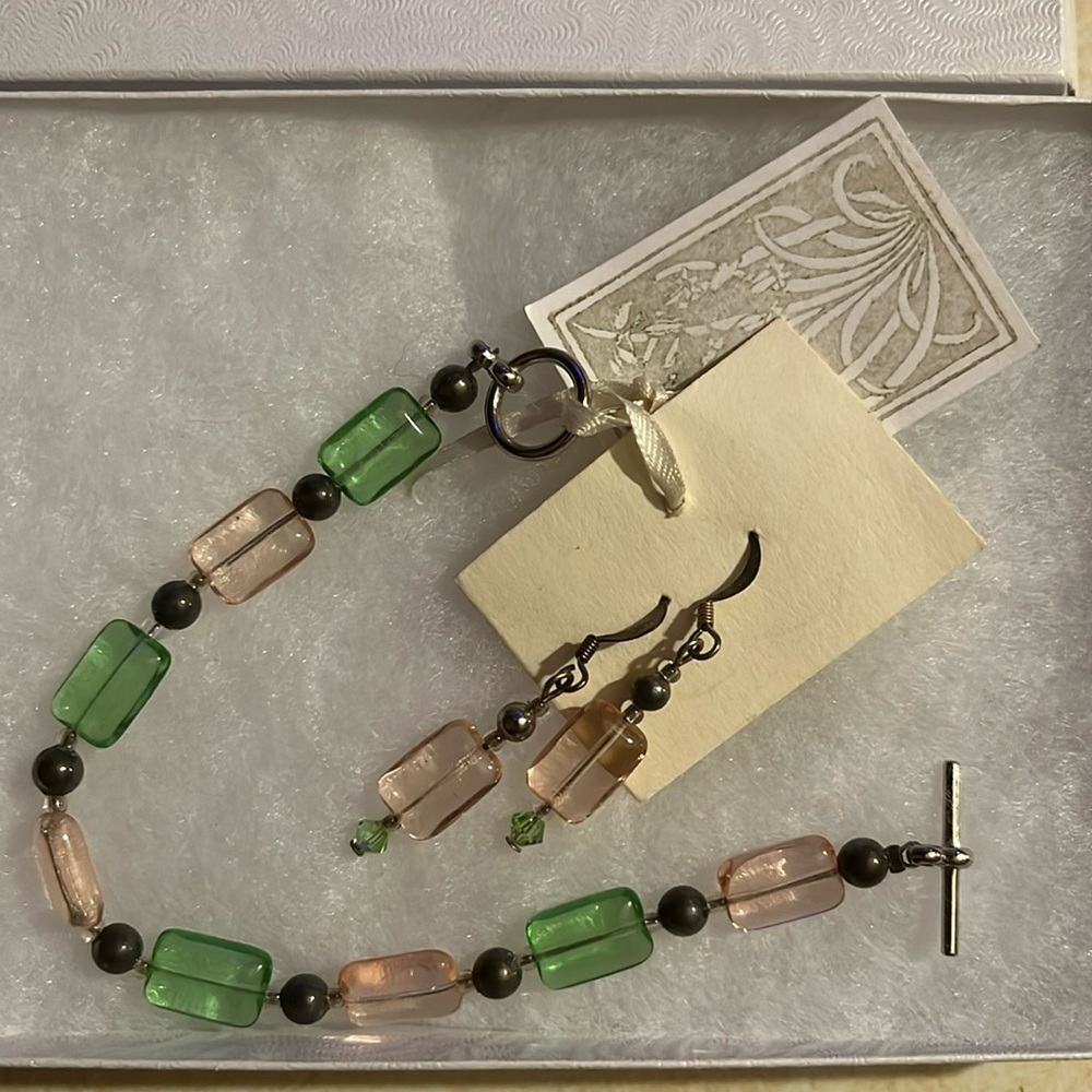 Czech Art Glass Bracelet and Earring Set Handcrafted Pink Green
